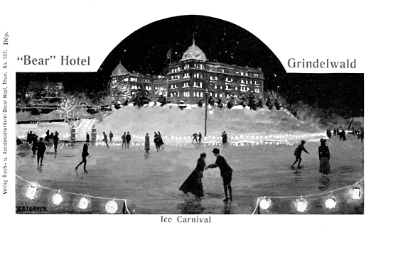 Winterzauber 1906/07 beim Grandhotel Bear. Eislauf by night auf der imposanten Bäreisbahn im Lichte unzähliger Lampions. Der nächtliche Ice Carnival wurde jeweils feierlich eröffnet durch das Kurorchester mit «God save the king». Die britischen Gäste dominierten.