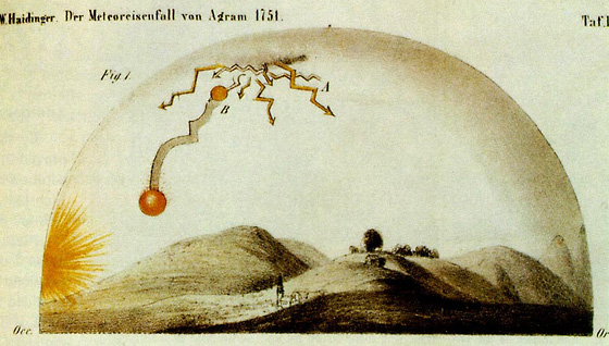Wie man sich einen Meteorabsturz vorstellte. Die Darstellung datiert von 1751. Sie entstand also rund 50 Jahre vor der Beobachtung in Grindelwald. (Bild: Wikimedia)