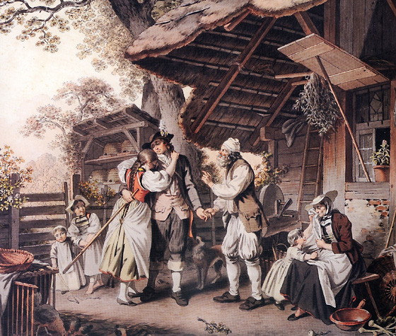 Oft blieb Burschen in kinderreichen Familien nichts anderes übrig, als in «Fremde Dienste» zu ziehen. Der Abschied fiel schwer. So hat ihn der Berner Maler Sigmund Freudenberger (1745–1801) erlebt.